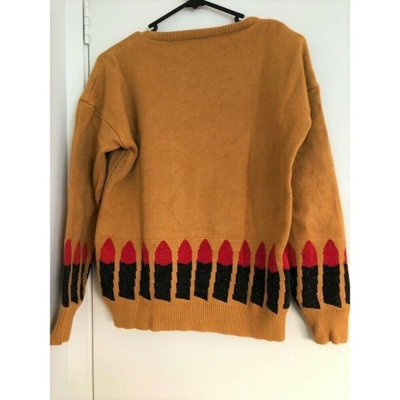 Lipstick Print Mustard 100% Acrylic Pullover Knit Top XS Winter Warm Korea - Picture 2 of 3